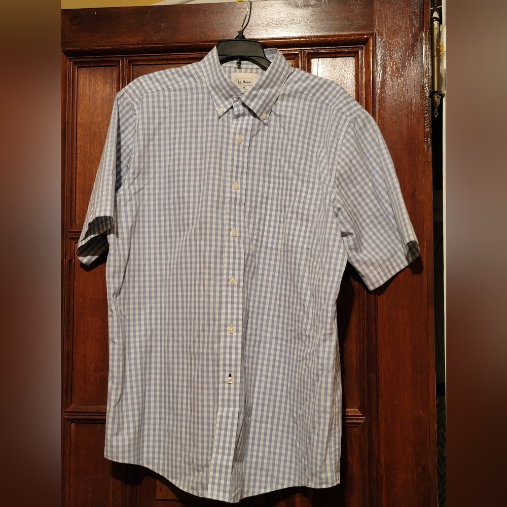 L L Bean Blue White Gingham Button Down Short Sleeve Shirt Size Medium